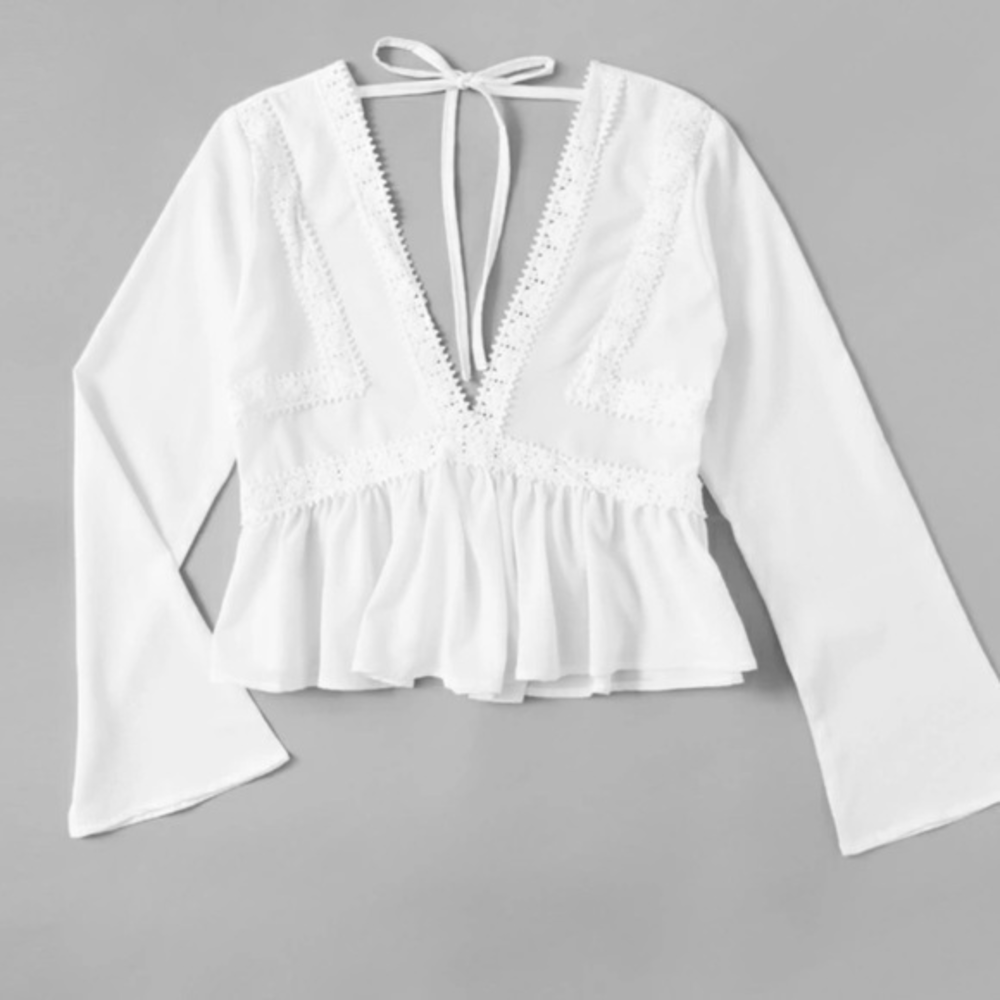 Plunging‎ White Lace Trim Self Tie Frill Crop Top Sz Sm